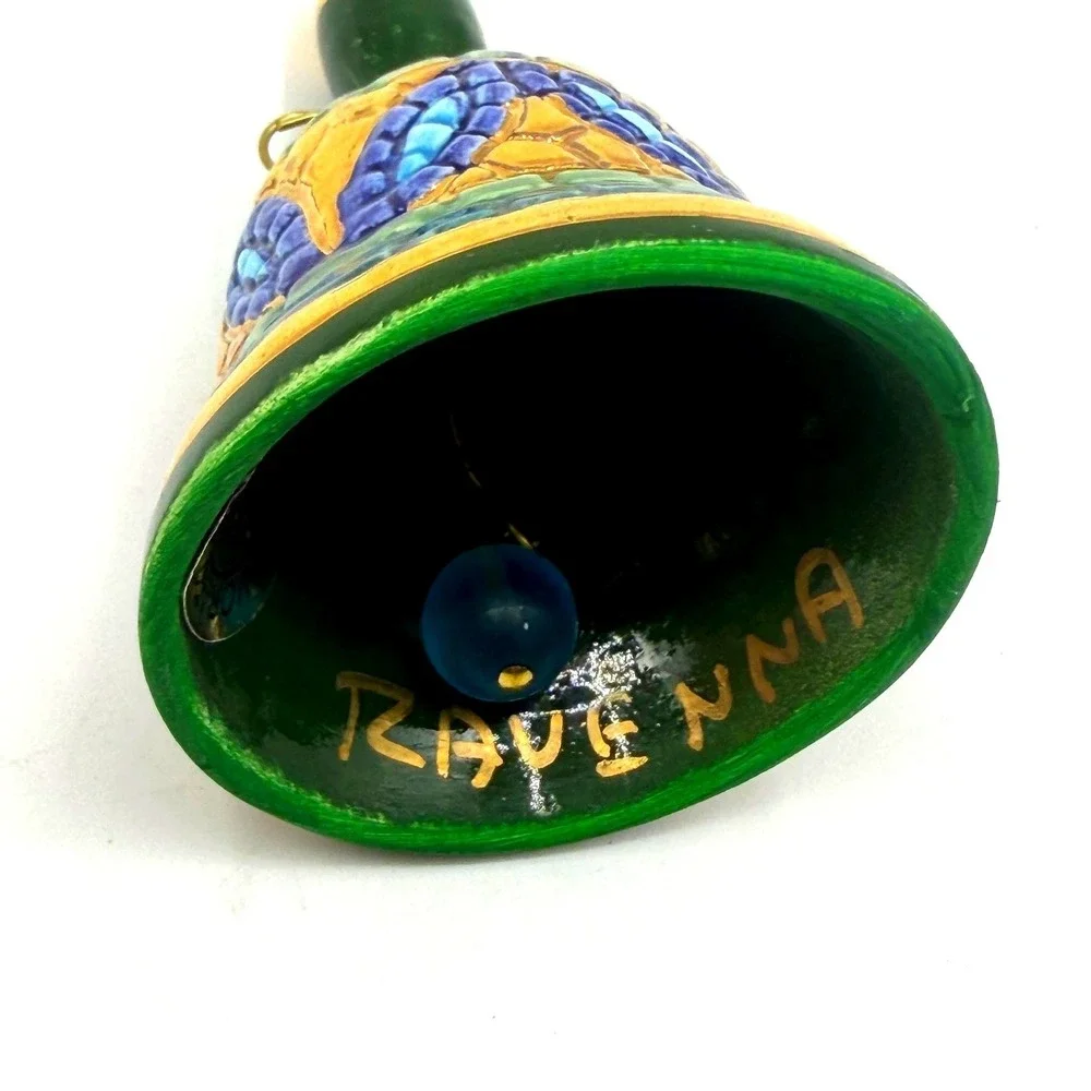 Ravenna Italy Hand Painted Ceramic Mosaic Bell Gold Accents Signed Green Blue